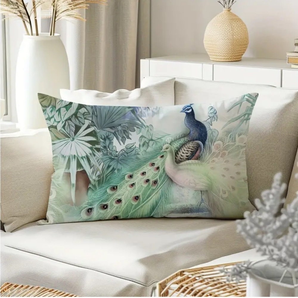 Peacock Rectangular Decorative Throw Pillow Cover, 1pc